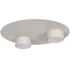 Lampa sufitowa Star z dwoma oprawami GX53 w szaro-beżowym kolorze, o okrągłej, płaskiej podstawie. Ujęcie z dołu, ukazujące dwa reflektory skierowane w dół. Idealna do nowoczesnych wnętrz.