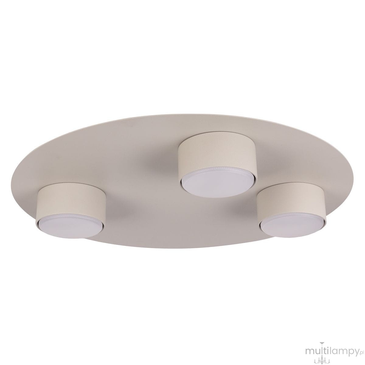 Lampa sufitowa Star z trzema oprawami GX53, w kolorze szarym i beżowym. Owalna, płaska konstrukcja z trzech okrągłych źródeł światła, montowana na suficie. Elegancka i minimalistyczna forma, idealna do nowoczesnych wnętrz.