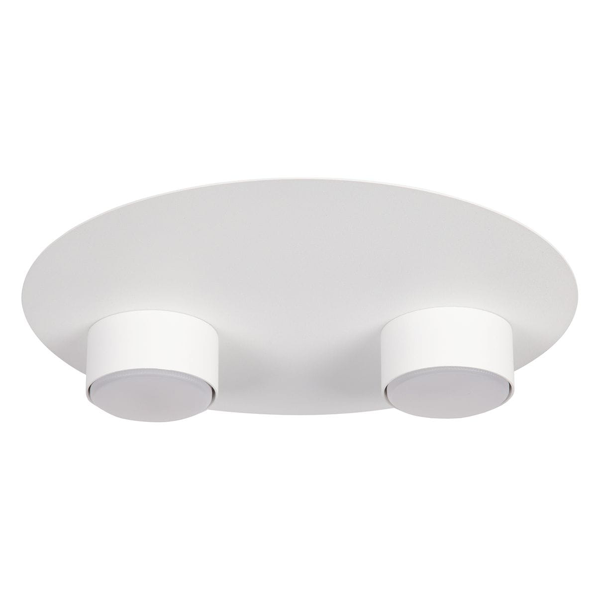 Lampa sufitowa Star w kolorze białym, z okrągłym kloszem i dwoma cylindrycznymi źródłami światła GX53. Ujęcie frontalne, pokazujące prosty, nowoczesny design i matową powierzchnię. Idealna do oświetlenia wnętrz.