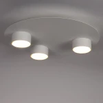 Lampa sufitowa Star z trzema źródłami światła GX53 w białej obudowie. Okrągła podstawka z matowego materiału, zamontowana na suficie, z równomiernie rozmieszczonymi reflektorami. Wnętrze lampy w kolorze ciepłej bieli.