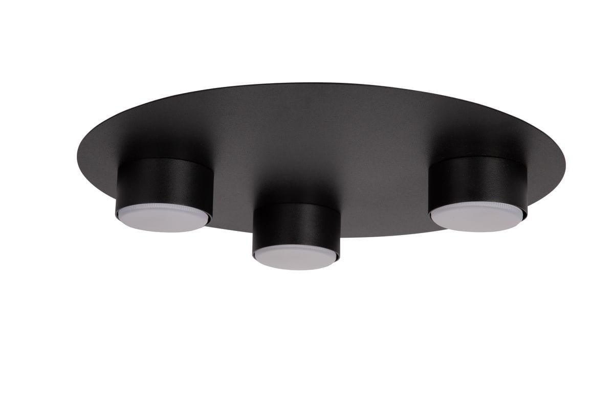 Czarna lampa sufitowa Star z trzema źródłami światła GX53. Okrągła, matowa podstawa z trzema cylindrycznymi oprawami. Lampa zamontowana blisko sufitu, idealna do nowoczesnych wnętrz.