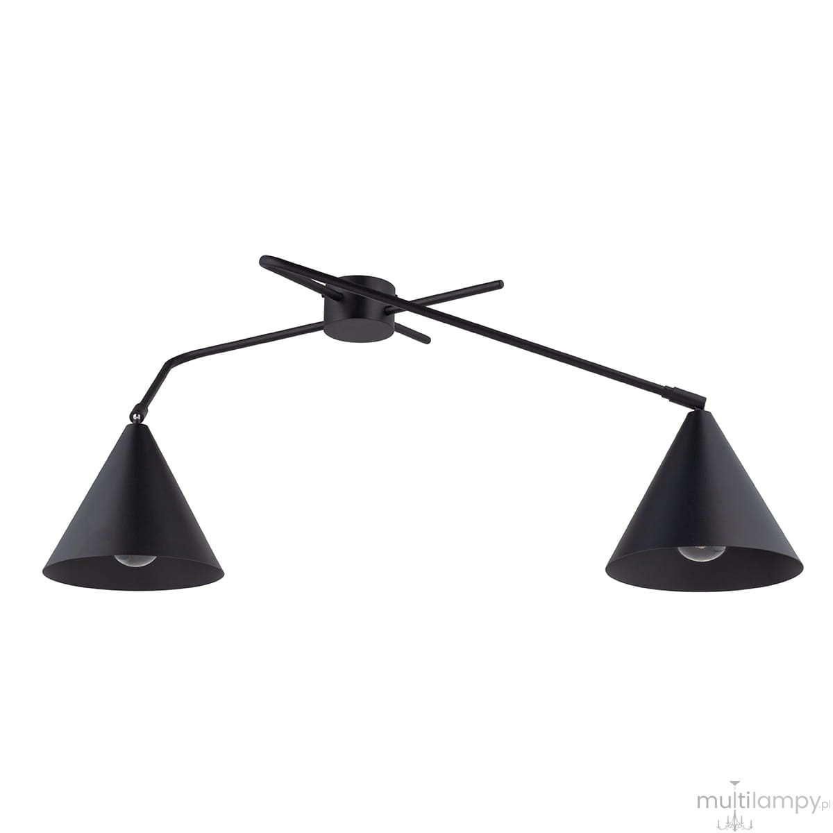 Lampa sufitowa Galaxy z dwoma reflektorami w kształcie stożków, wykonana z metalu w kolorze czarnym. Umożliwia montaż dwóch żarówek E27. Zawieszona na cienkim ramieniu, z widocznym stelażem. Prosty design, idealna do nowoczesnych wnętrz.