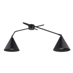 Lampa sufitowa Galaxy z dwoma reflektorami w kształcie stożków, wykonana z metalu w kolorze czarnym. Umożliwia montaż dwóch żarówek E27. Zawieszona na cienkim ramieniu, z widocznym stelażem. Prosty design, idealna do nowoczesnych wnętrz.