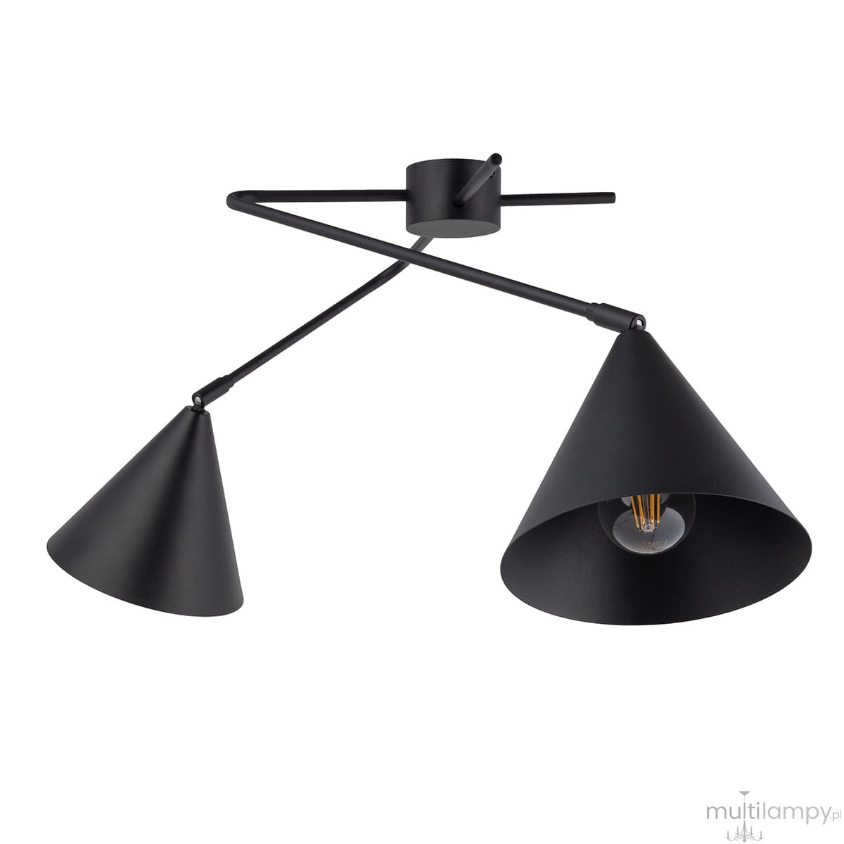 Czarna lampa sufitowa Galaxy z dwoma kloszami w kształcie stożków, zawieszona na metalowej konstrukcji. Klosze skierowane są w różne kierunki, odsłaniając miejsce na żarówki E27. Prosty, nowoczesny design idealny do różnych wnętrz.