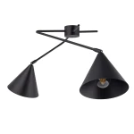 Czarna lampa sufitowa Galaxy z dwoma kloszami w kształcie stożków, zawieszona na metalowej konstrukcji. Klosze skierowane są w różne kierunki, odsłaniając miejsce na żarówki E27. Prosty, nowoczesny design idealny do różnych wnętrz.