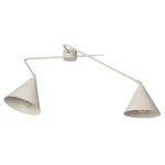 Lampa sufitowa Galaxy z dwoma kloszami w kształcie stożków, w kolorze szarym/beżowym, zamontowana na prostym, metalowym stelażu. Klosze skierowane są w przeciwnych kierunkach, co podkreśla nowoczesny design.
