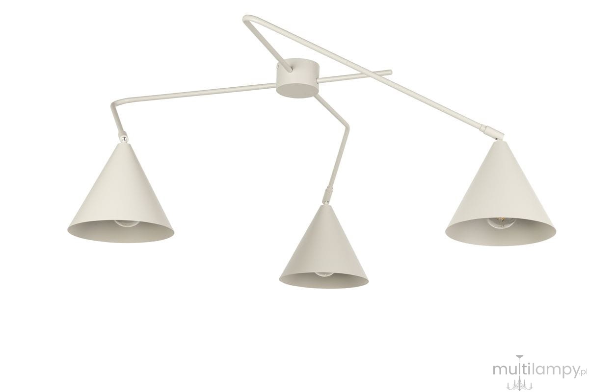 Lampa sufitowa Galaxy z trzema kloszami w kształcie stożków, w szarym kolorze. Ułożona w sposób rozłożysty, z metalową konstrukcją i miejscami na żarówki E27. Proste tło podkreśla minimalistyczny design.