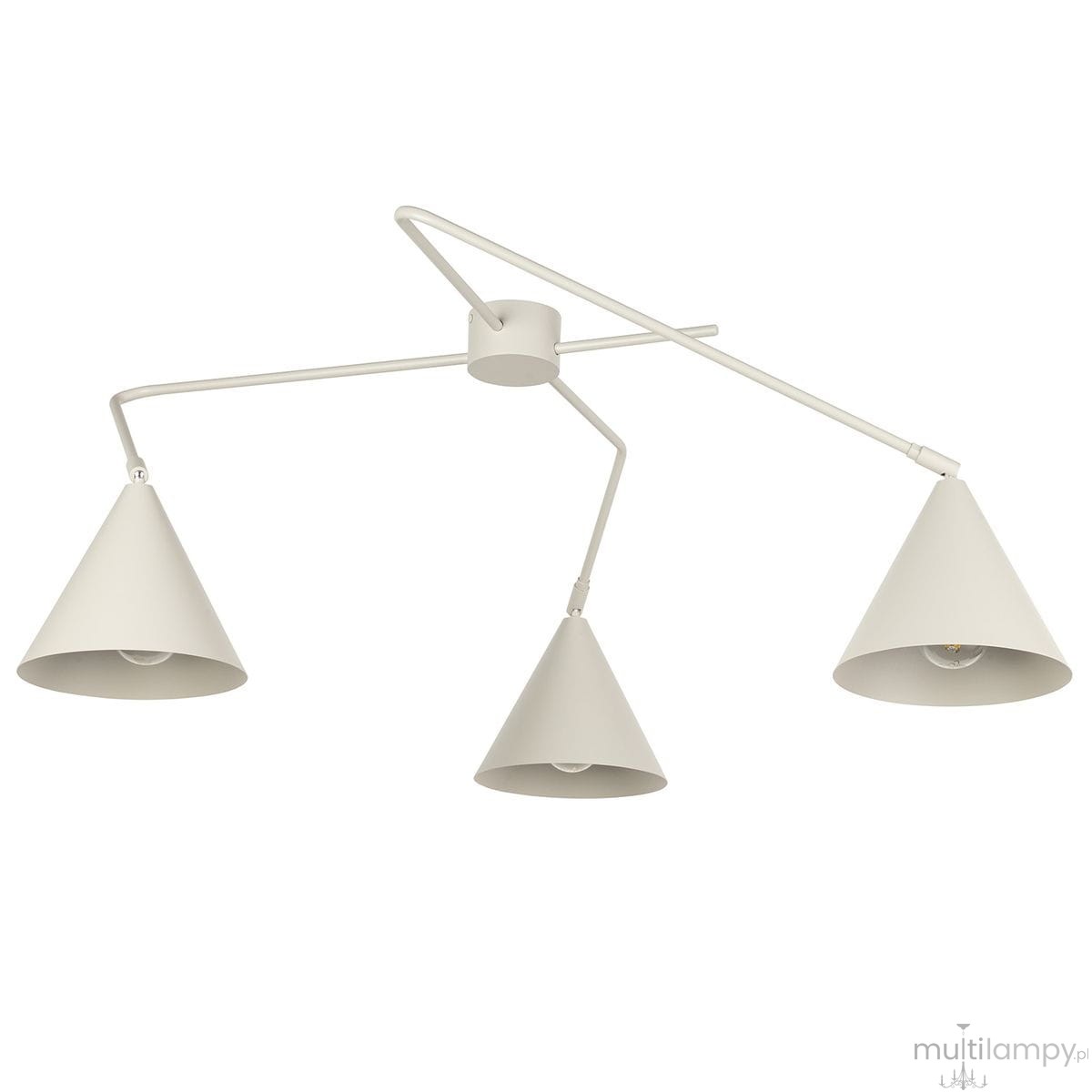 Lampa sufitowa Galaxy w kolorze szarym, z trzema stożkowymi kloszami. Utrzymana w nowoczesnym designie, zamontowana na metalowym stelażu. Klosze skierowane w dół, z miejscem na żarówki E27. Prosta forma, idealna do wnętrz w stylu minimalistycznym.
