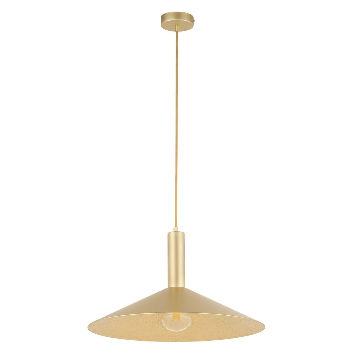 Lampa wisząca Capri D50 w kolorze złotym, z kloszem w kształcie stożka. Wisi na cienkim kablu, z jedną oprawą E27. Prosty, nowoczesny design, pasujący do różnorodnych wnętrz. Tło białe, co podkreśla elegancję lampy.
