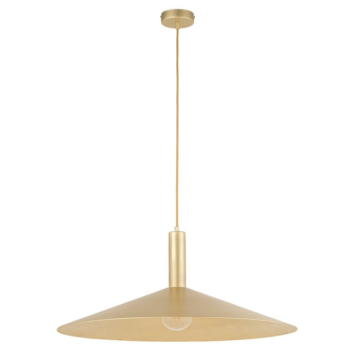 Lampa wisząca Capri D70 o złotym, matowym wykończeniu, w kształcie stożka. Posiada pojedynczy gwint E27, zawieszona na długim przewodzie. Kąt ujęcia frontalny, prosto pod sufitem, na jednolitym tle. Idealna do nowoczesnych wnętrz.