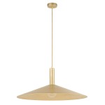 Lampa wisząca Capri D70 o złotym, matowym wykończeniu, w kształcie stożka. Posiada pojedynczy gwint E27, zawieszona na długim przewodzie. Kąt ujęcia frontalny, prosto pod sufitem, na jednolitym tle. Idealna do nowoczesnych wnętrz.