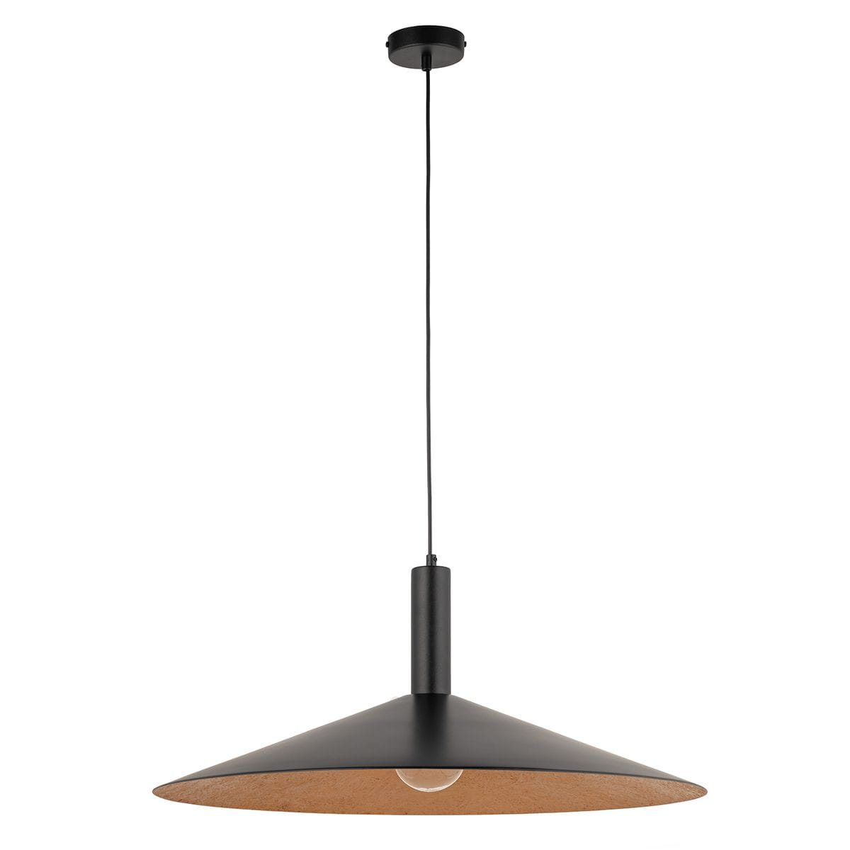 Lampa wisząca Capri D70 w kolorze czarnym z miedzianym wnętrzem, o kształcie stożka. Zawieszona na cienkim, czarnym przewodzie, z oprawą na żarówkę E27. Prosta, nowoczesna forma, idealna do różnych wnętrz.
