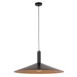 Lampa wisząca Capri D70 w kolorze czarnym z miedzianym wnętrzem, o kształcie stożka. Zawieszona na cienkim, czarnym przewodzie, z oprawą na żarówkę E27. Prosta, nowoczesna forma, idealna do różnych wnętrz.