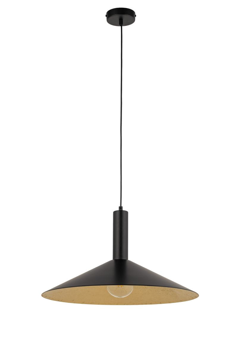 Lampa wisząca Capri D50 z jednym gwintem E27, o stożkowym kształcie w kolorze czarnym z metalicznym złotym wnętrzem. Uchwyt i przewód w kolorze czarnym, zawieszona na długim kablu. Idealna do nowoczesnych wnętrz.