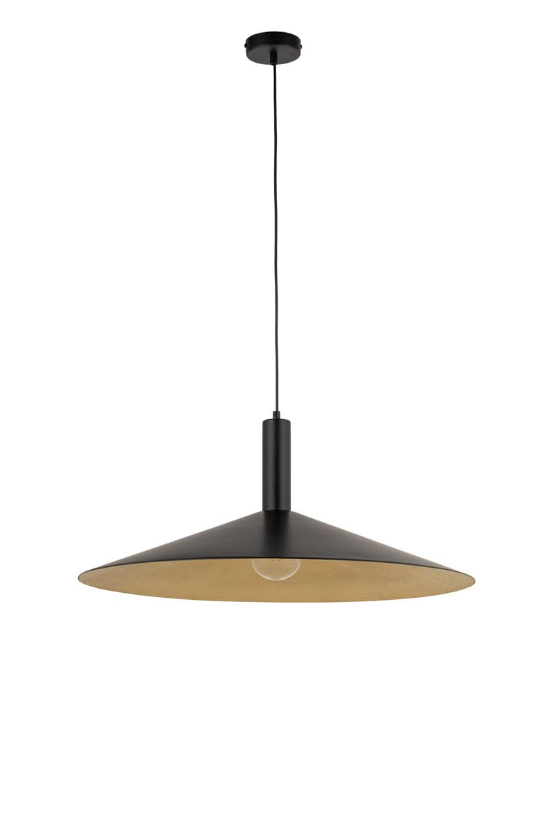 Lampa wisząca Capri D70 z kloszem w kształcie stożka, czarna na zewnątrz i złota wewnątrz. Zawieszona na cienkim kablu, z metalowym uchwytem. Pasuje do nowoczesnych wnętrz, dodając elegancji i ciepłego światła.