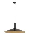 Lampa wisząca Capri D70 z kloszem w kształcie stożka, czarna na zewnątrz i złota wewnątrz. Zawieszona na cienkim kablu, z metalowym uchwytem. Pasuje do nowoczesnych wnętrz, dodając elegancji i ciepłego światła.