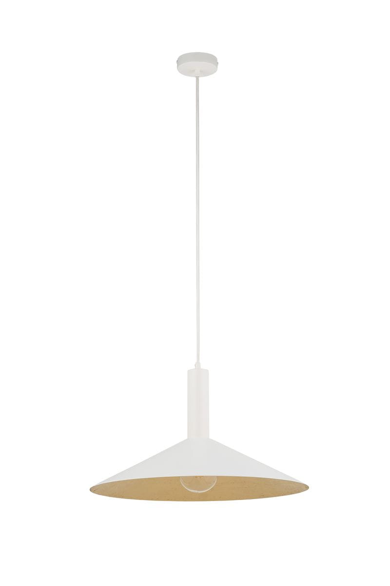 Lampa wisząca Capri D50 z kloszem w kształcie stożka, biała z złotym wnętrzem. Zawieszona na cienkim kablu, z gniazdem E27. Prosty, nowoczesny design, idealna do wnętrz. Klosz w kolorze białym z matowym wykończeniem.