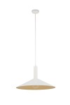 Lampa wisząca Capri D50 z kloszem w kształcie stożka, biała z złotym wnętrzem. Zawieszona na cienkim kablu, z gniazdem E27. Prosty, nowoczesny design, idealna do wnętrz. Klosz w kolorze białym z matowym wykończeniem.