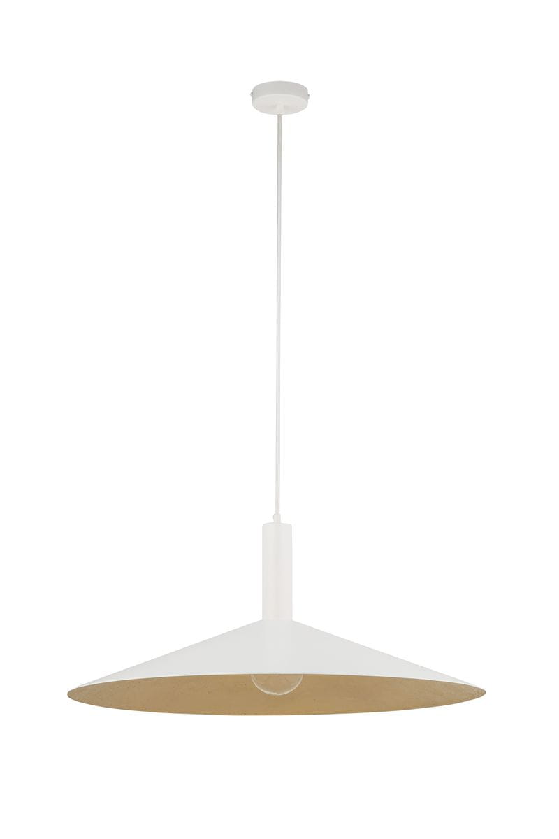 Lampa wisząca Capri D70 z oprawą w kolorze białym i złotym, w kształcie stożka. Zawieszona na cienkim przewodzie, z widocznym gniazdem E27. Wnętrze klosza w kolorze złotym, co podkreśla elegancki design.