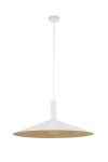 Lampa wisząca Capri D70 z oprawą w kolorze białym i złotym, w kształcie stożka. Zawieszona na cienkim przewodzie, z widocznym gniazdem E27. Wnętrze klosza w kolorze złotym, co podkreśla elegancki design.