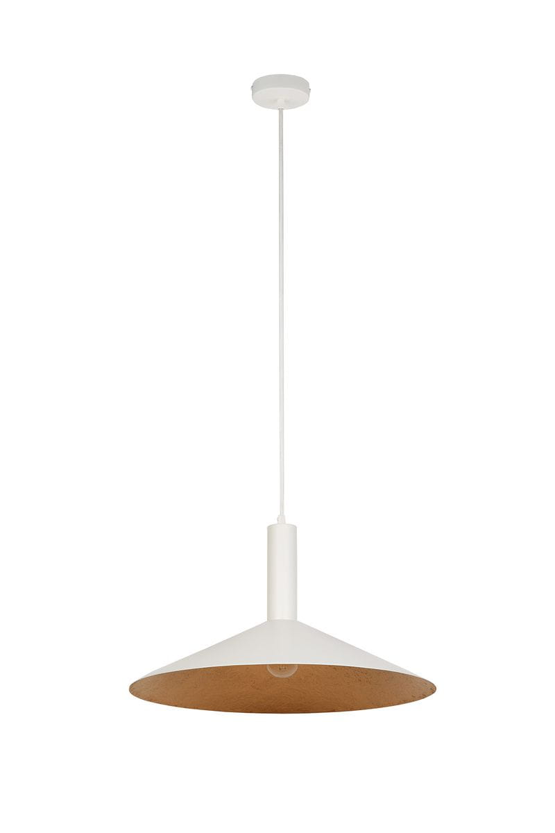 Lampa wisząca Capri D50 z białym kloszem w kształcie stożka i miedzianym wnętrzem. Zawieszona na cienkim kablu, z pojedynczym gniazdem E27. Prosta, nowoczesna forma, idealna do aranżacji wnętrz.
