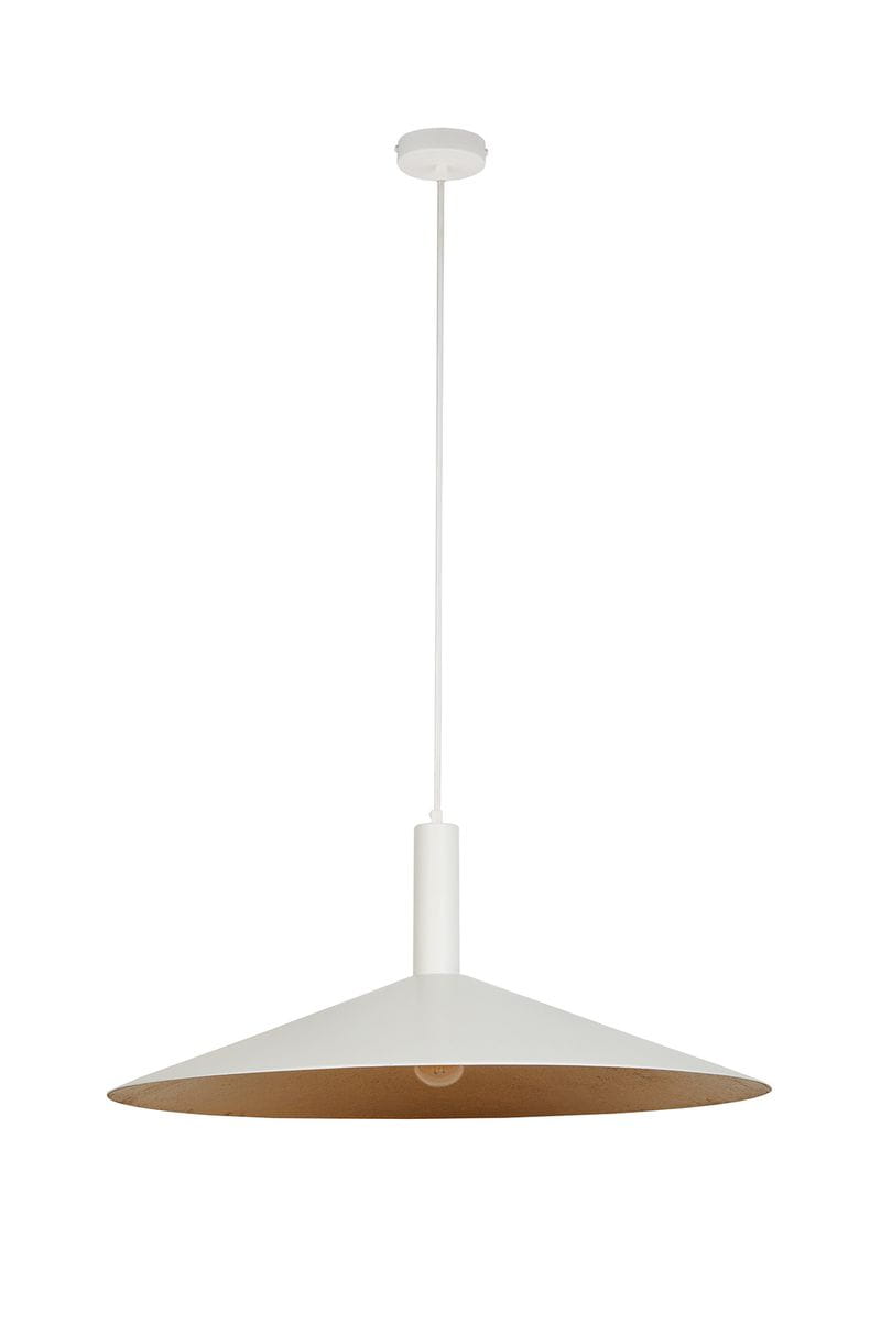 Lampa wisząca Capri D70 z białym kloszem w kształcie stożka, z miedzianym wykończeniem wewnętrznym. Zawieszona na cienkim białym kablu, z pojedynczym gniazdem E27. Stojąca, w minimalistycznym stylu, na prostym tle.
