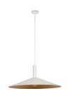 Lampa wisząca Capri D70 z białym kloszem w kształcie stożka, z miedzianym wykończeniem wewnętrznym. Zawieszona na cienkim białym kablu, z pojedynczym gniazdem E27. Stojąca, w minimalistycznym stylu, na prostym tle.