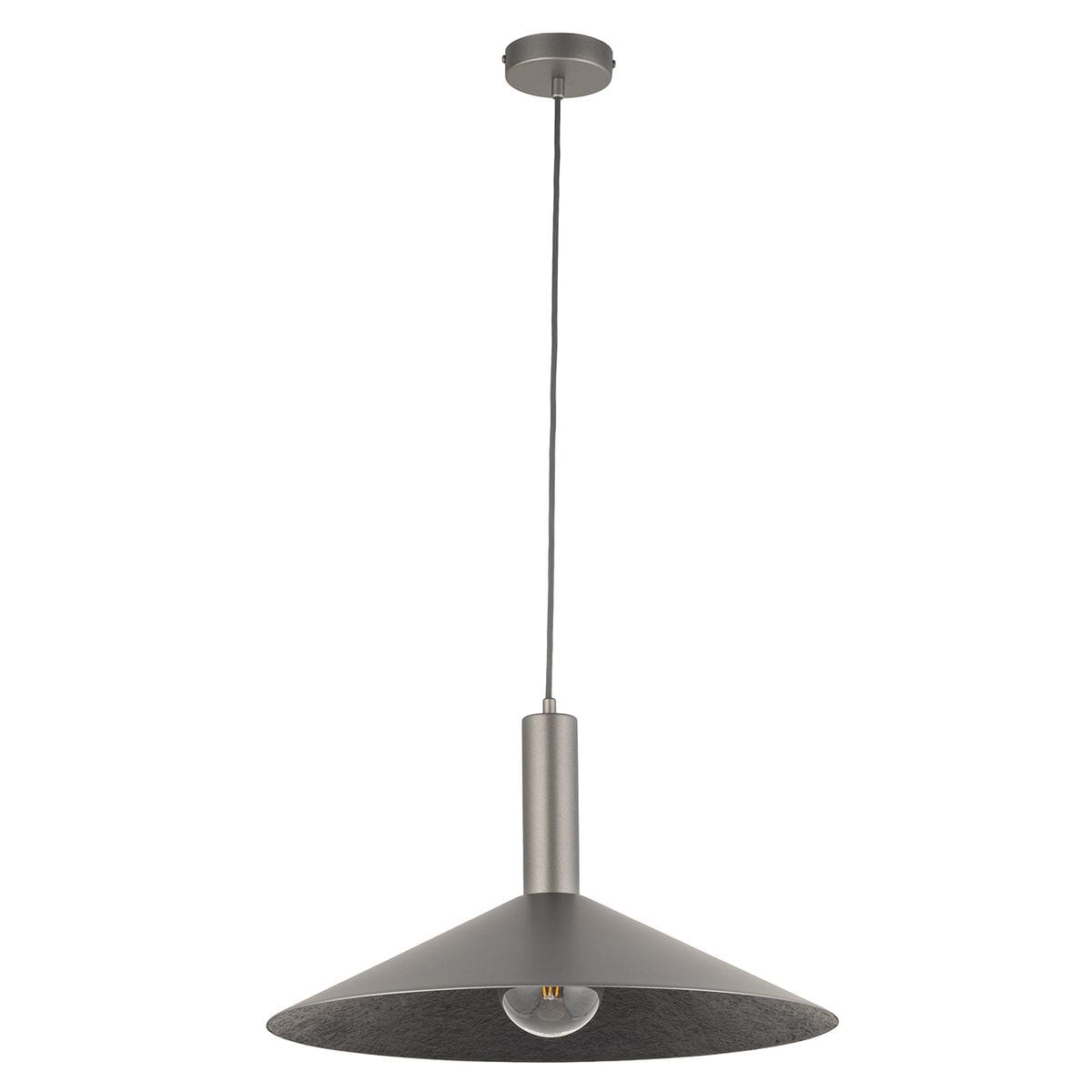 Lampa wisząca Capri D50 w kolorze srebrnym, z metalowym kloszem w kształcie stożka. Posiada jedno gniazdo E27, zawieszona na cienkim przewodzie. Montaż sufitowy, minimalistyczny design na białym tle.