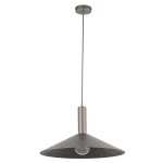 Lampa wisząca Capri D50 w kolorze srebrnym, z metalowym kloszem w kształcie stożka. Posiada jedno gniazdo E27, zawieszona na cienkim przewodzie. Montaż sufitowy, minimalistyczny design na białym tle.