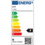 Żarówka LED ściemnialna GU10 o mocy 6W, emitująca ciepłe białe światło (2700K). Widoczna etykieta energetyczna z klasą F, informująca o zużyciu energii 6 kWh na 1000 godzin.