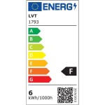 Żarówka LED GU10, ściemnialna, 6W, neutralna biała (4000K). Etykieta energetyczna z klasyfikacją F, wskazująca na zużycie energii 6 kWh/1000h. Prosty, czytelny układ graficzny z kolorowymi strzałkami wskazującymi klasę efektywności.