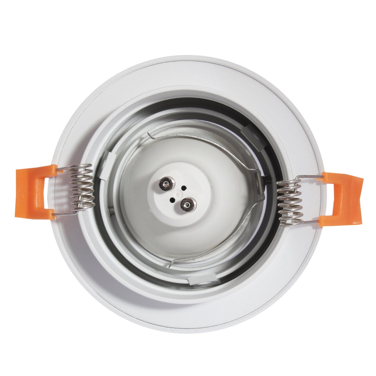 Biała oprawa podtynkowa do zabudowy, ruchoma, przeznaczona na żarówki GU10. Widok z góry, z widocznymi elementami mocującymi w kolorze pomarańczowym oraz metalowymi sprężynami. Prosta konstrukcja, idealna do różnych aranżacji wnętrz.