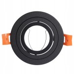 Oprawa podtynkowa Alfa GU10 w kolorze czarnym, z ruchomym pierścieniem. Widok z góry, z widocznymi elementami mocującymi w pomarańczowym kolorze. Struktura matowa, okrągły kształt, przeznaczona do zabudowy w suficie.
