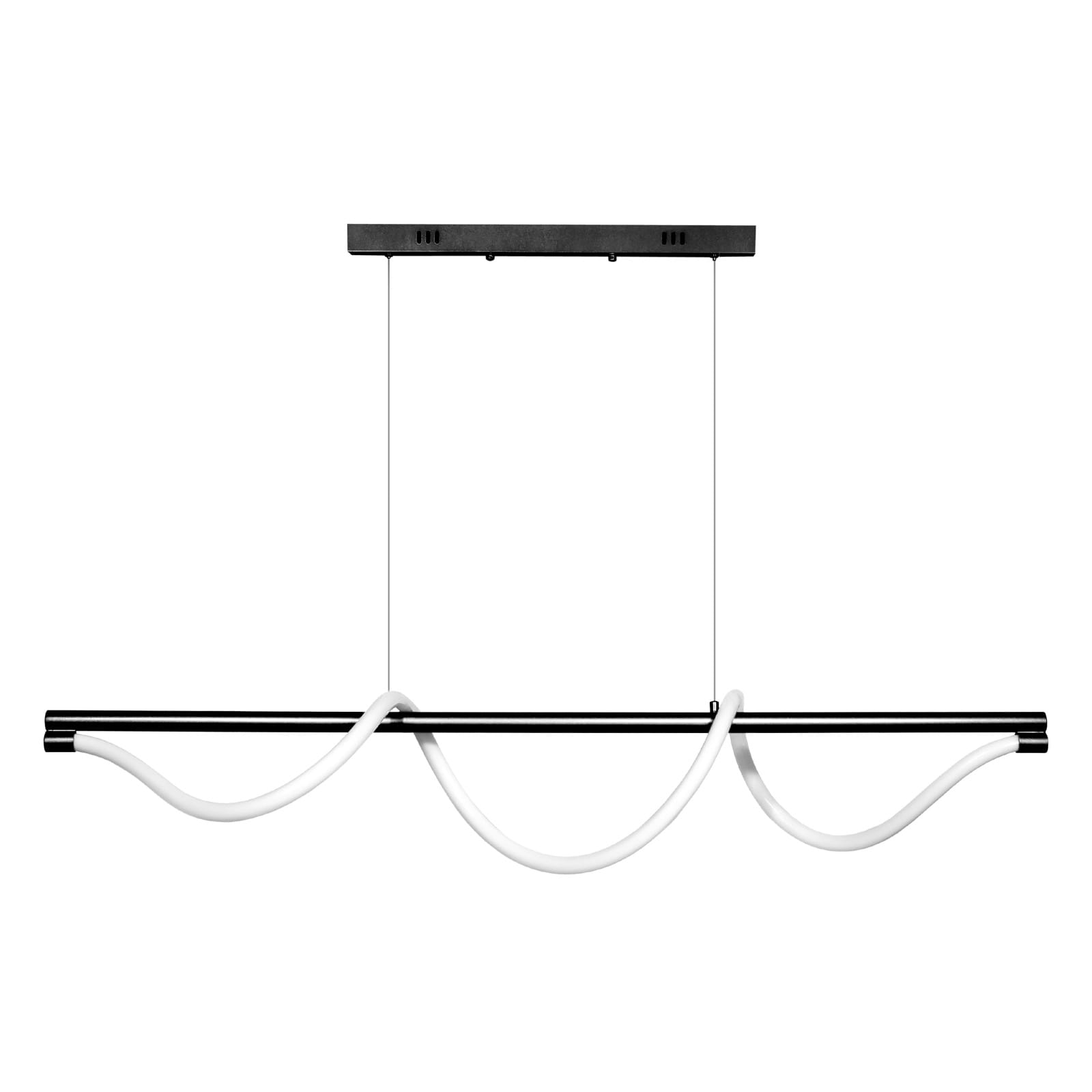 Lampa wisząca Serpente w kolorze czarnym z białymi elementami LED. Kształt falisty, zawieszona na cienkich linkach. Pilot do zdalnego sterowania w zestawie. Prosta, minimalistyczna konstrukcja, idealna do nowoczesnych wnętrz.