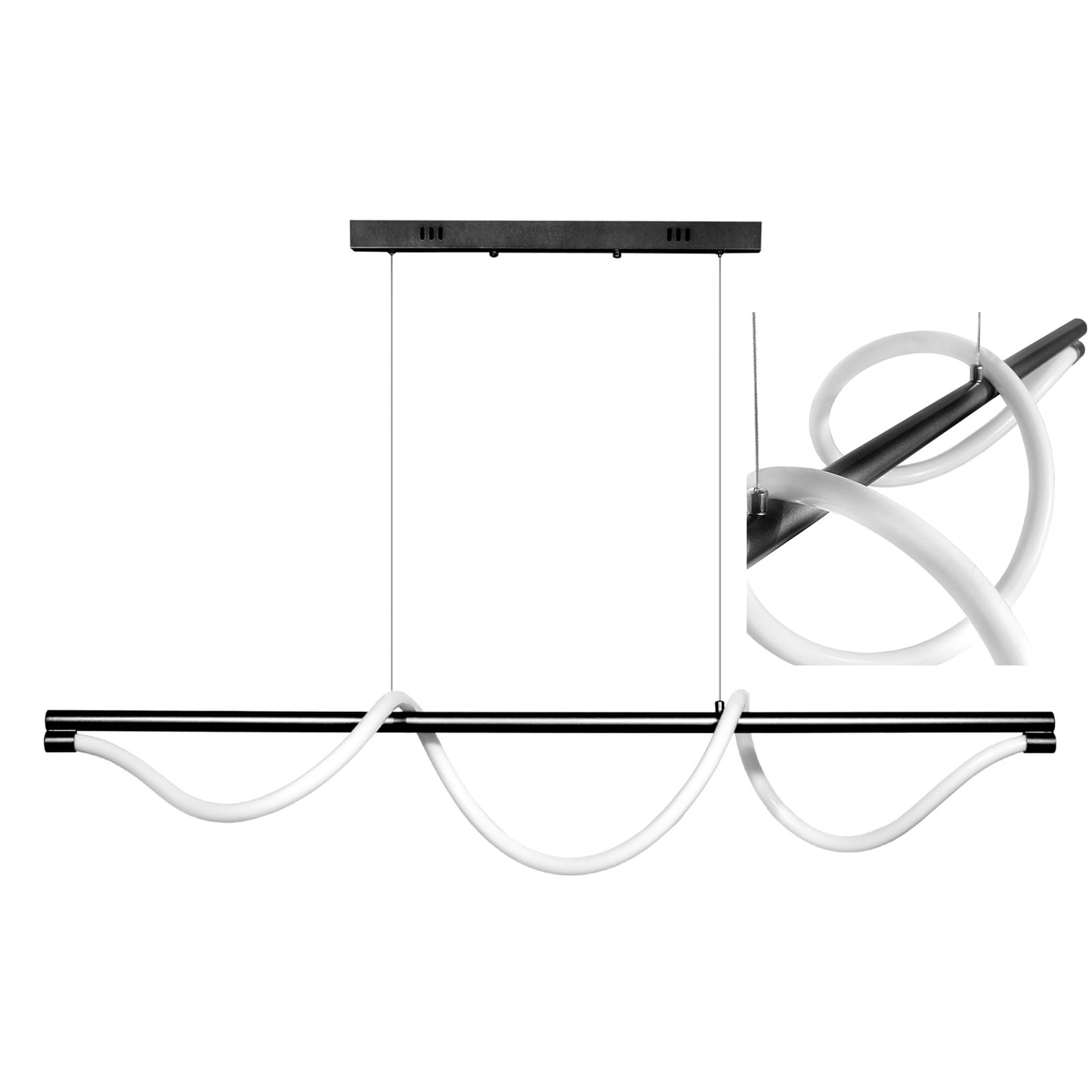Lampa wisząca Serpente w kolorze czarnym z białymi, falistymi elementami LED. Montowana na prostokątnej podstawie, z widocznymi zawieszkami. Wyposażona w pilot do regulacji. Idealna do nowoczesnych wnętrz.