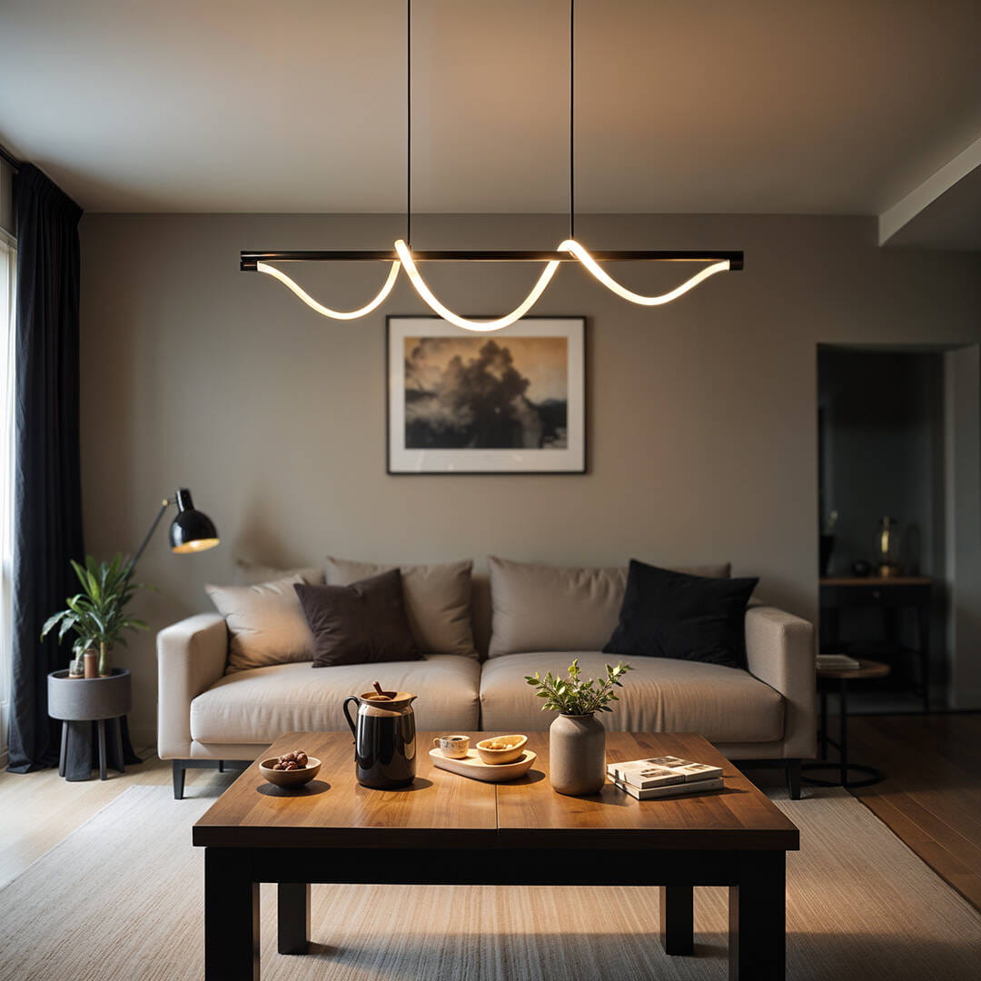 Lampa wisząca Serpente 2 o mocy 55W w kolorze czarnym, z eleganckimi falistymi elementami LED. Zawieszona nad drewnianym stołem w stylowym wnętrzu, w towarzystwie kanapy i dekoracji. Pilot do zdalnego sterowania widoczny w kontekście użytkowania.