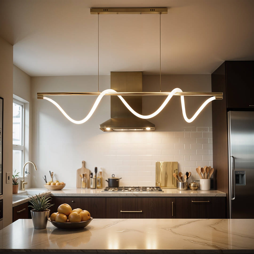 Lampa wisząca Serpente 2 LED o mocy 55W w złotym kolorze, zawieszona nad blatem kuchennym. Ma falisty kształt i jest podświetlona, co tworzy nowoczesny efekt. W tle widoczna kuchnia z akcesoriami i owocami.