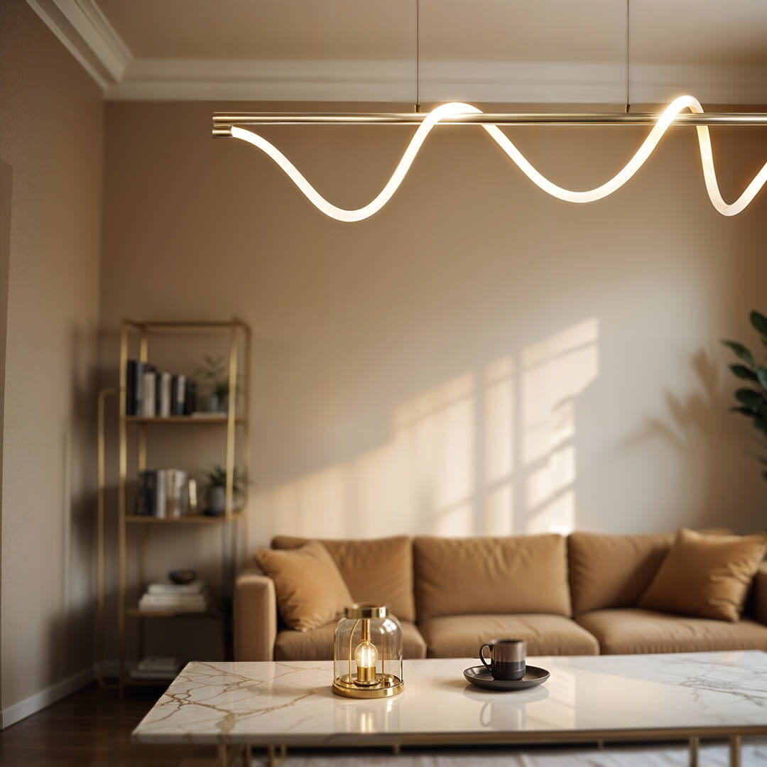 Lampa wisząca Serpente 2, LED 55W, w złotym kolorze, o falistym kształcie. Zawieszona nad białym stołem z marmurowym blatem, w jasnym wnętrzu z kanapą i regałem w tle. Widoczny pilot do sterowania.