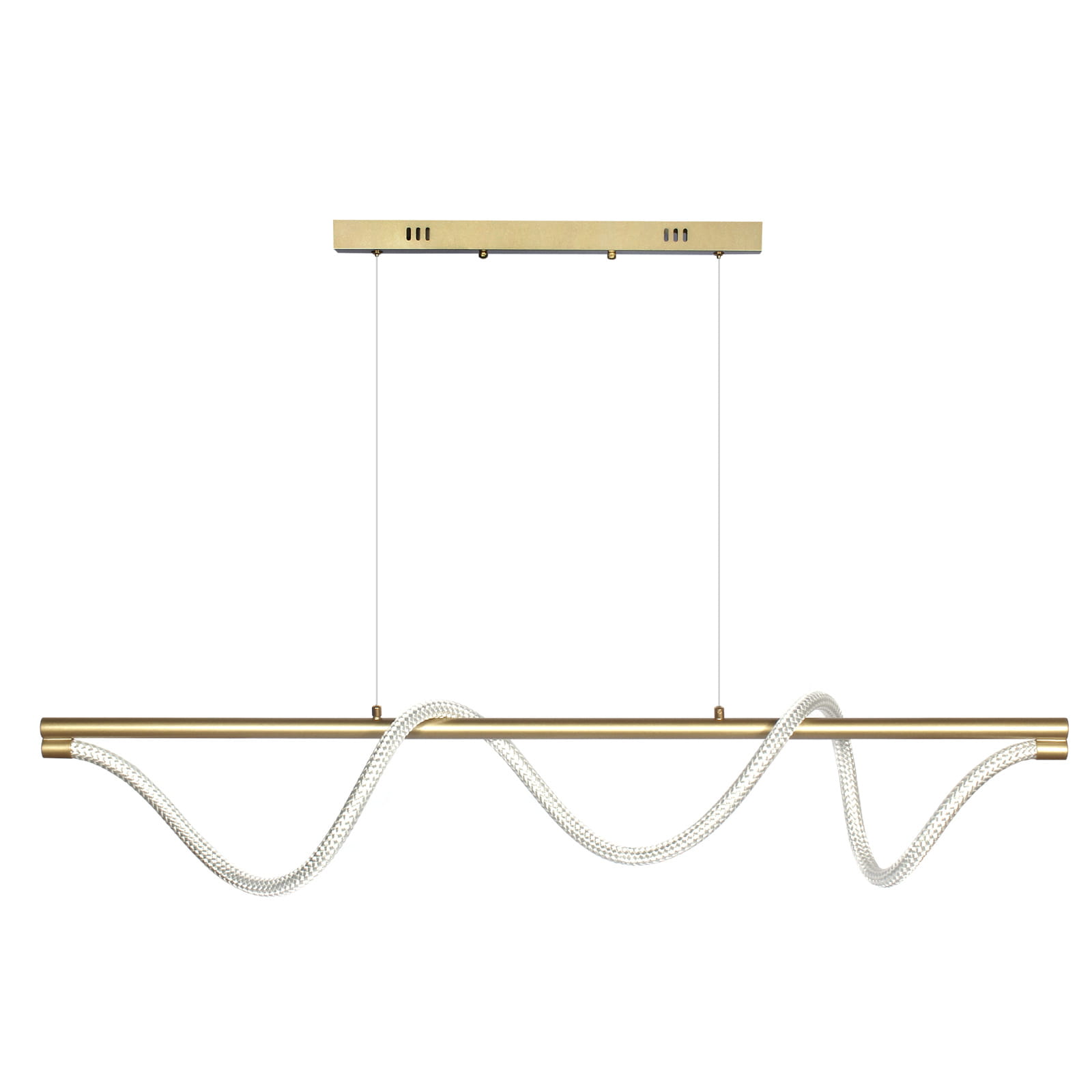 Lampa wisząca Serpente 2 z pilotem LED/55W w kolorze złotym. Oferuje falisty kształt z metalowym, złotym stelażem oraz białym, teksturowanym elementem. Zawieszona na cienkich linkach, idealna do nowoczesnych wnętrz.