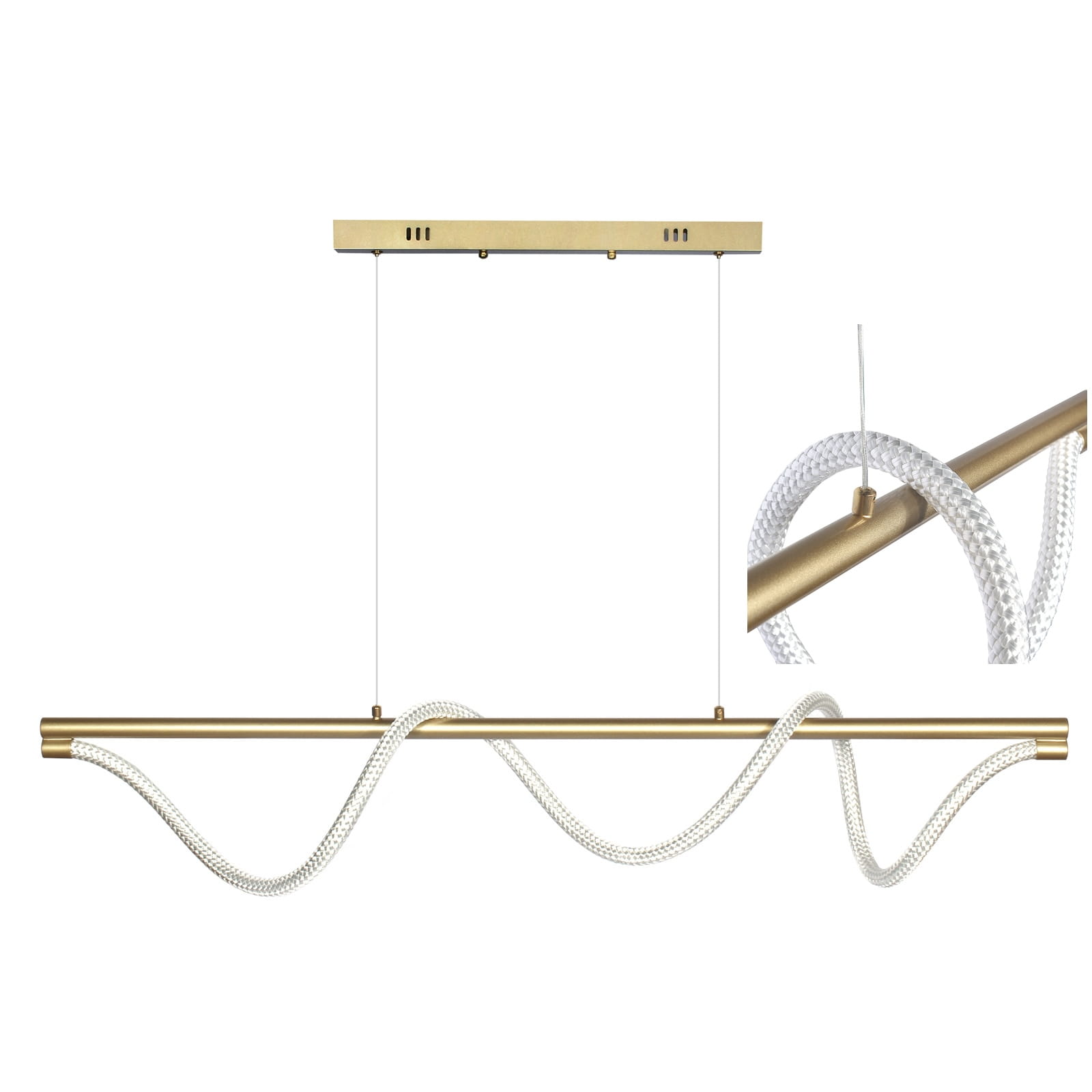 Lampa wisząca Serpente 2 o złotej, metalowej konstrukcji z białym, teksturowanym przewodem. Zawieszona na dwóch linkach, z pilotem do sterowania. Kształt falisty, nowoczesny design, idealna do aranżacji wnętrz.