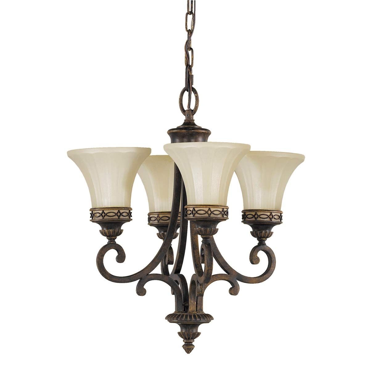 Lampa wisząca Drawing Room w kolorze postarzanym brązowym, z czterema kloszami w odcieniu kremowym. Posiada metalową konstrukcję z dekoracyjnymi detalami oraz łańcuchem. Klosze mają lekko faliste krawędzie, co nadaje elegancki wygląd.