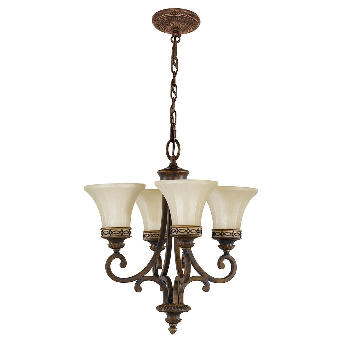 Lampa wisząca Drawing Room w postarzanym brązie z czterema kloszami w kształcie kielicha z mlecznego szkła. Posiada ozdobne detale i elegancką łańcuchową konstrukcję, zawieszona na okrągłym suficie.