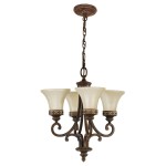 Lampa wisząca Drawing Room w postarzanym brązie z czterema kloszami w kształcie kielicha z mlecznego szkła. Posiada ozdobne detale i elegancką łańcuchową konstrukcję, zawieszona na okrągłym suficie.