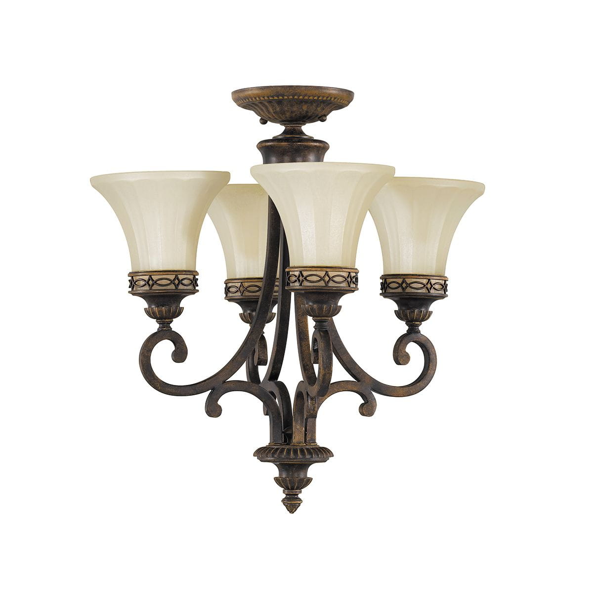 Lampa wisząca Drawing Room z czterema kloszami E27 w postarzanym brązie. Klosze mają delikatny, kremowy kolor z ozdobnym brzegiem. Metalowa konstrukcja z dekoracyjnymi, kręconymi elementami. Ujęcie frontalne, produkt w pozycji wiszącej.