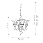 Lampa wisząca Drawing Room, postarzany brąz, z czterema kloszami E27. Wymiary: wysokość 54,5 cm, średnica 45,7 cm. Zawieszenie z łańcucha, elegancki kształt z dekoracyjnymi detalami. Możliwość regulacji wysokości od 62,5 cm do 215 cm.