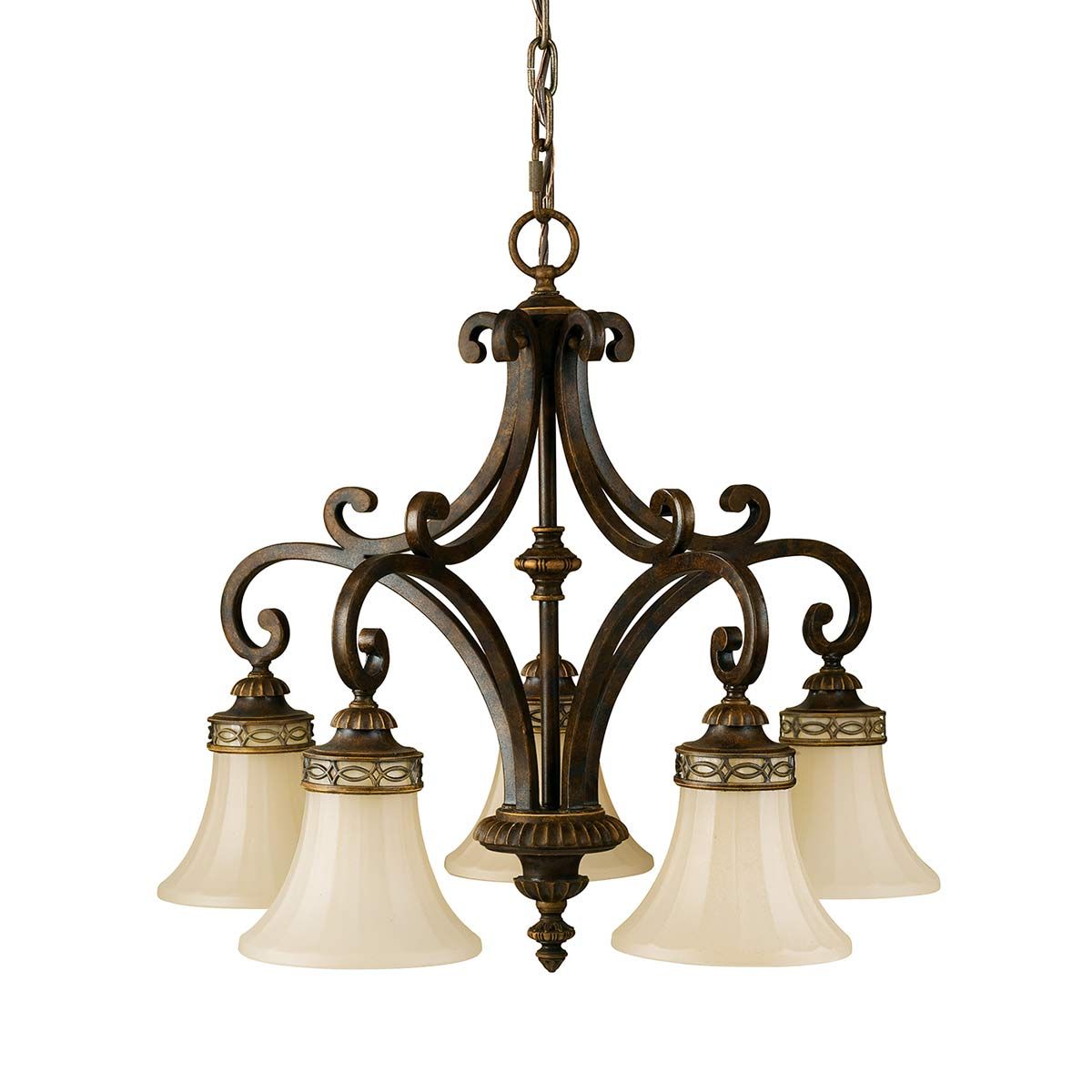 Lampa wisząca Drawing Room z postarzanym brązem, z pięcioma kloszami w kształcie dzwonu z opalizującego szkła. Elementy dekoracyjne w formie kręconych wzorów. Wisi na łańcuchu, idealna do eleganckich wnętrz.