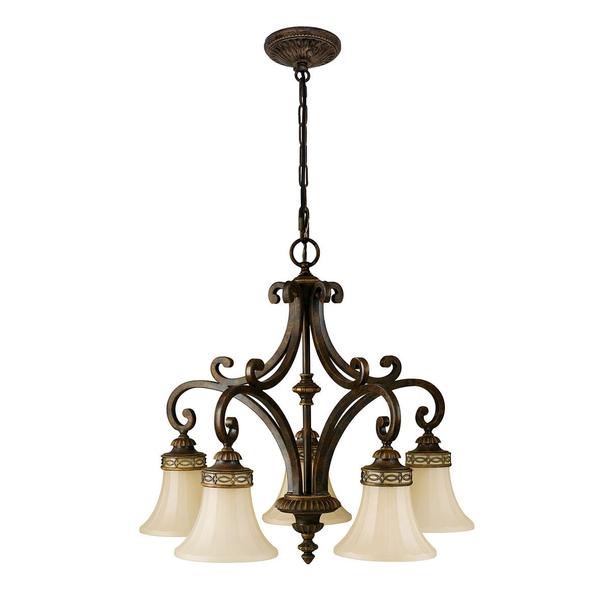 Lampa wisząca Drawing Room 5xE27 w postarzanym brązie. Posiada cztery klosze w kształcie dzwonów w jasnym kolorze, ozdobione metalowymi detalami. Ujęcie frontalne, lampa zawieszona na łańcuchu, z dekoracyjnym elementem mocującym u góry.