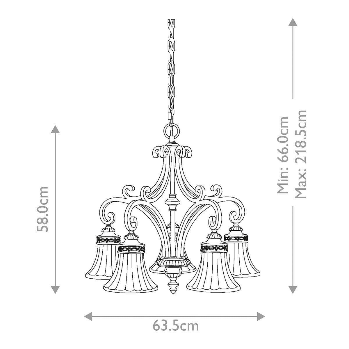 Lampa wisząca Drawing Room w postarzanym brązie, z pięcioma kloszami w kształcie dzwonów. Wymiary: 58 cm wysokości, 63,5 cm szerokości, regulacja wysokości od 66 do 218,5 cm. Elegancki design z dekoracyjnymi detalami.