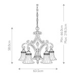 Lampa wisząca Drawing Room w postarzanym brązie, z pięcioma kloszami w kształcie dzwonów. Wymiary: 58 cm wysokości, 63,5 cm szerokości, regulacja wysokości od 66 do 218,5 cm. Elegancki design z dekoracyjnymi detalami.
