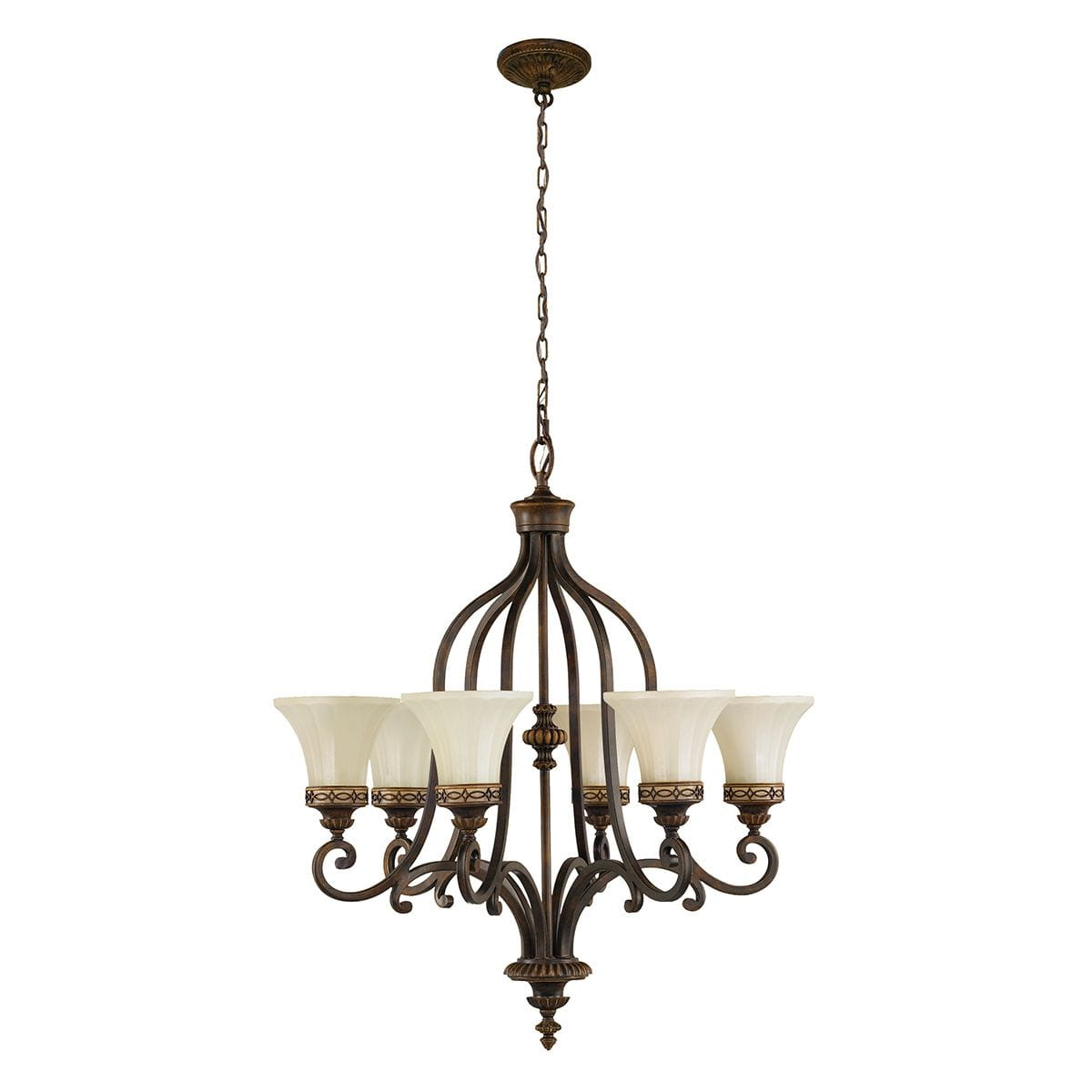 Lampa wisząca Drawing Room w kolorze postarzanym brązie, z sześcioma kloszami w kształcie tulipanów w odcieniu kremowym. Stalowa konstrukcja z dekoracyjnymi detalami, zawieszona na łańcuchu. Idealna do wnętrz w stylu klasycznym.